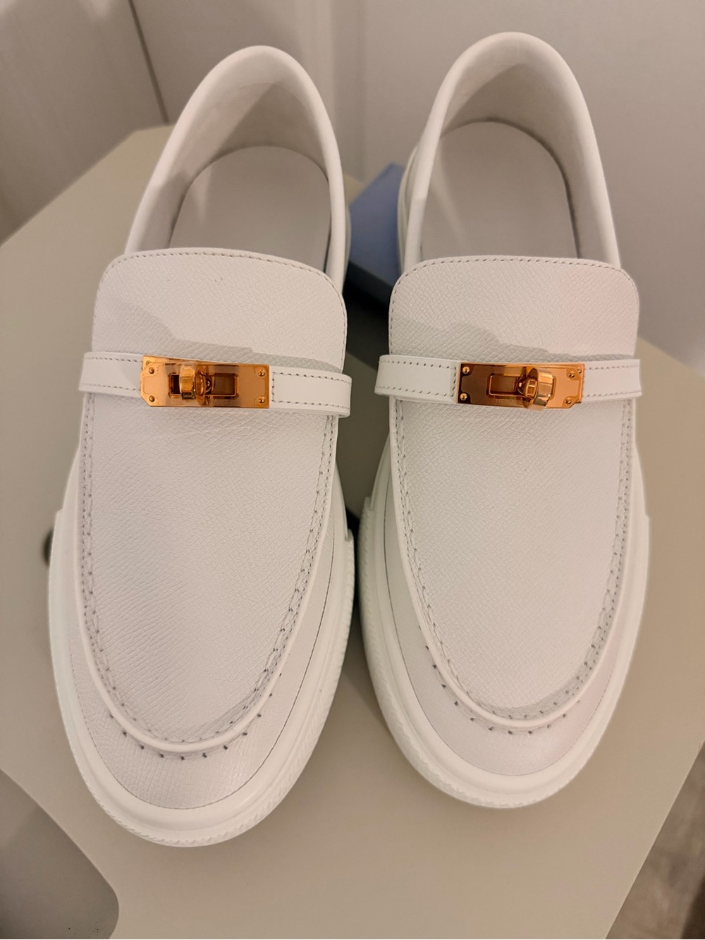 Hermes White Leather Loafers with Rose Gold Hardware